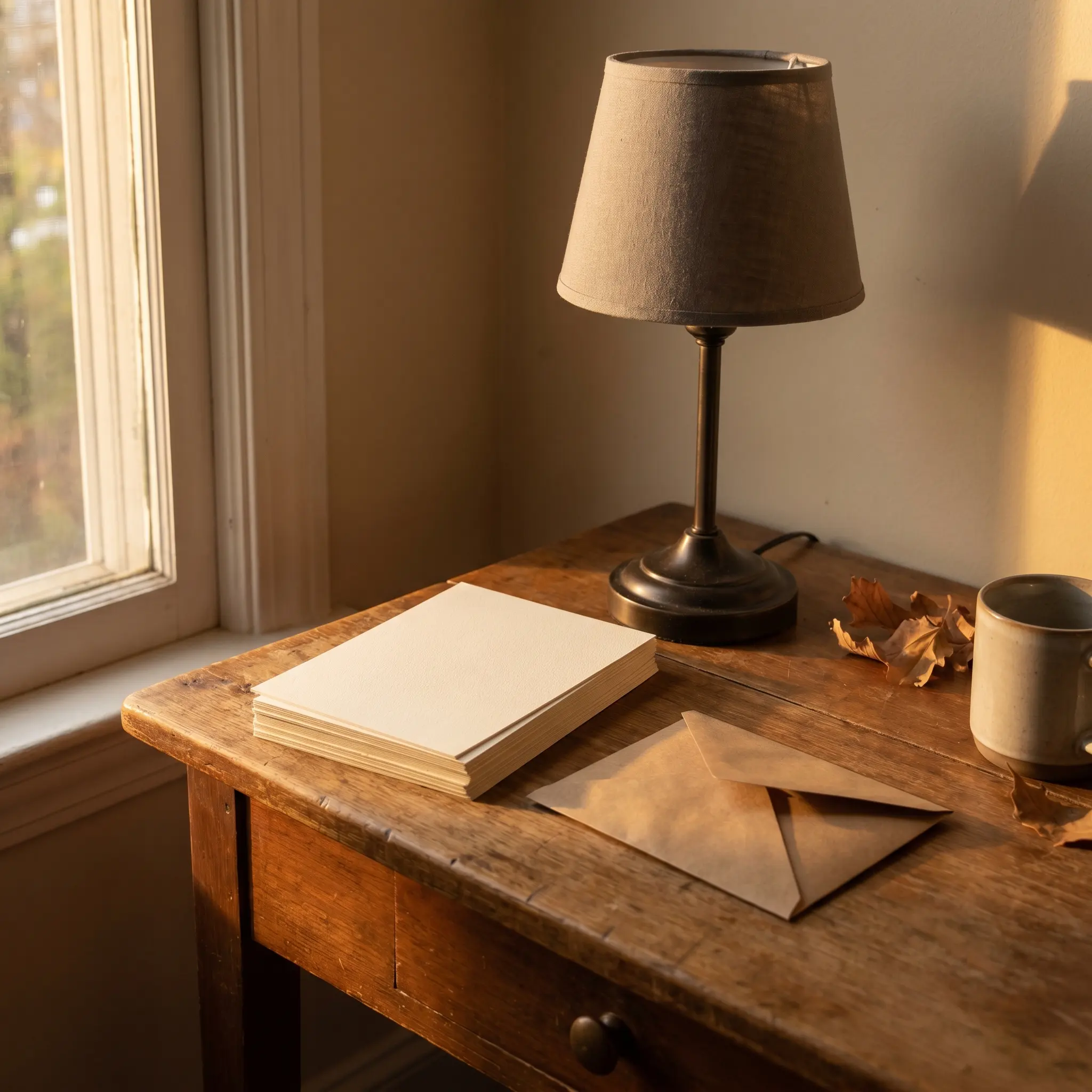 A quiet desk beside a window with blank cards in late afternoon light
