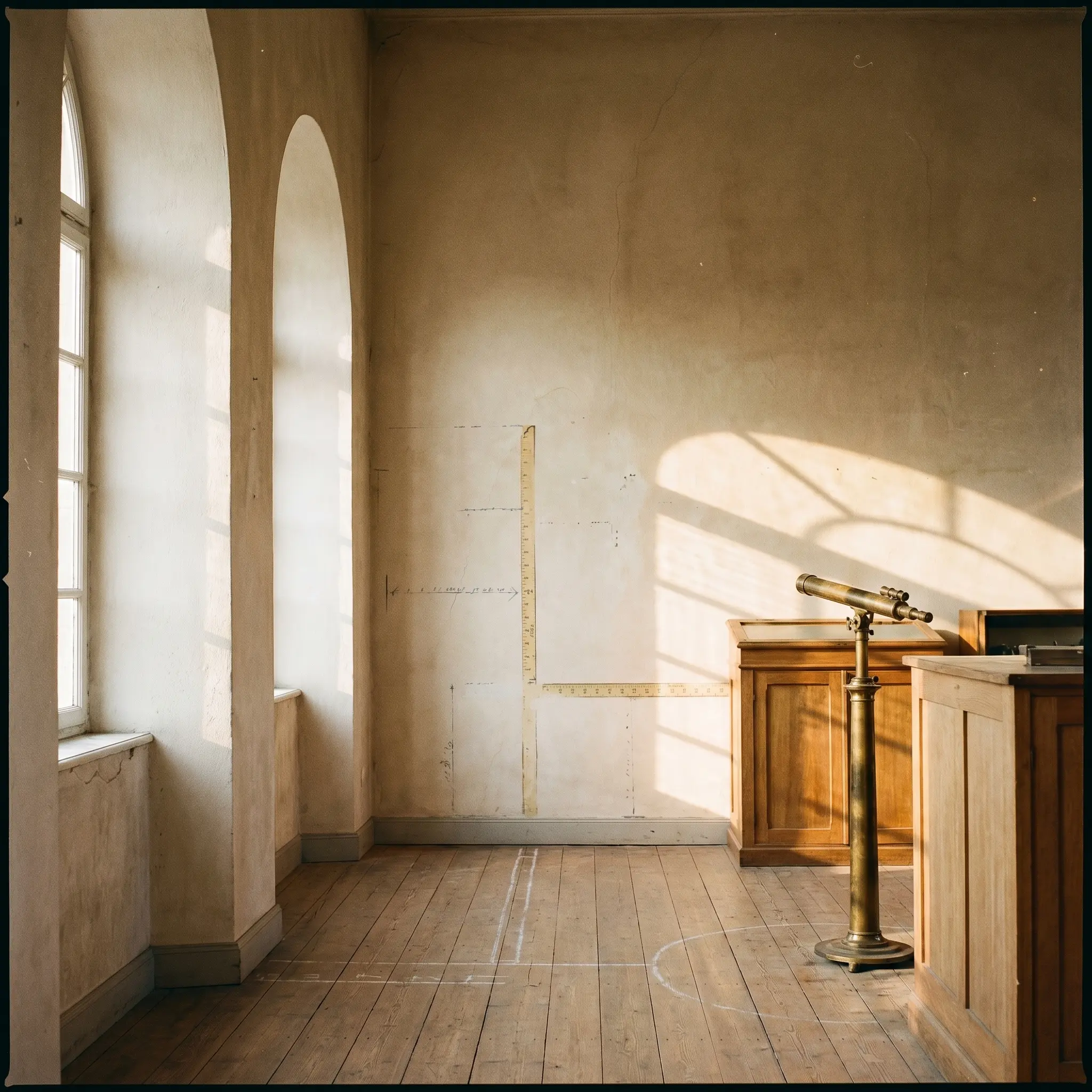 Quiet interior daylight crossing a wall and floor through a tall window
