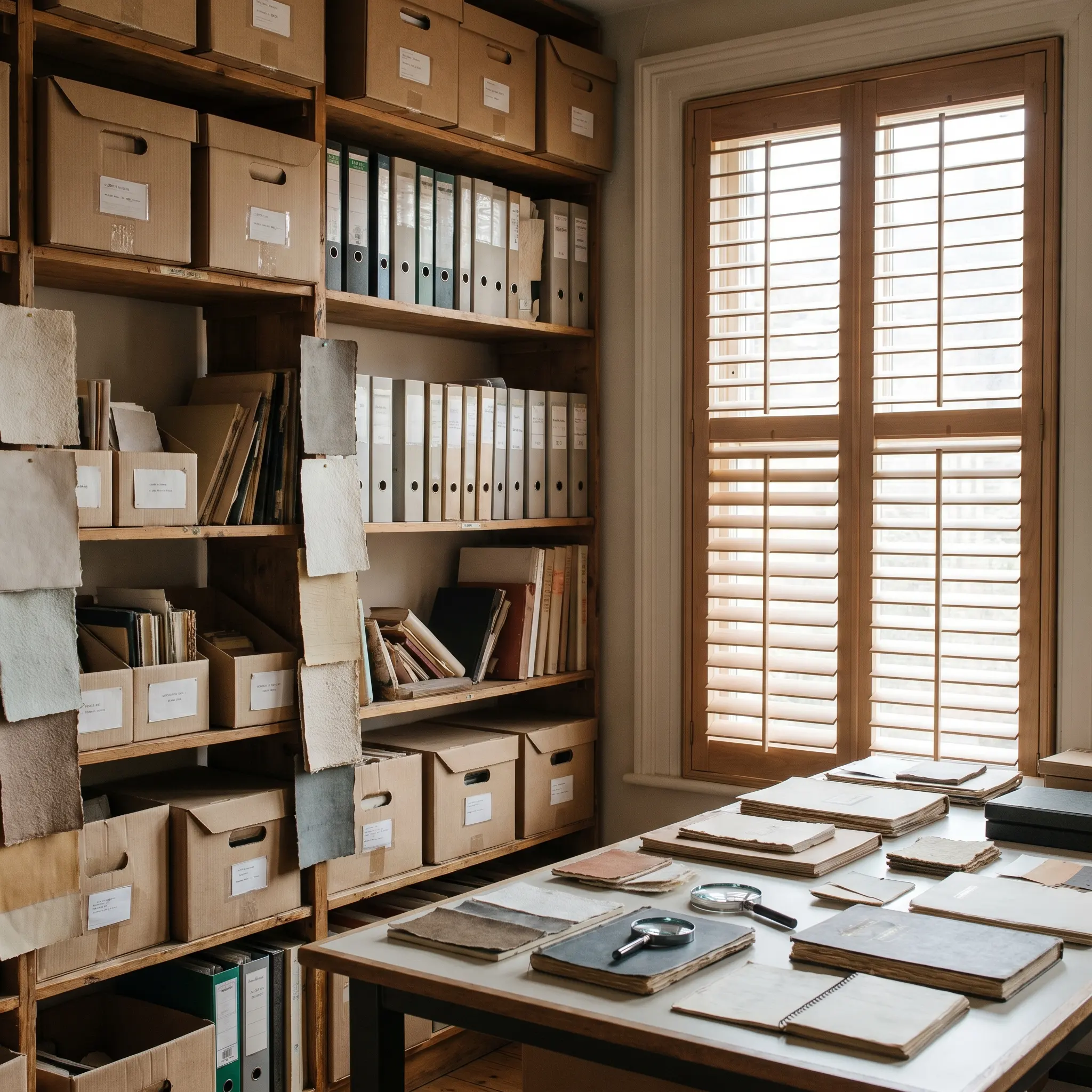 Independent daylight archive room with shelves, swatches, and window louvers